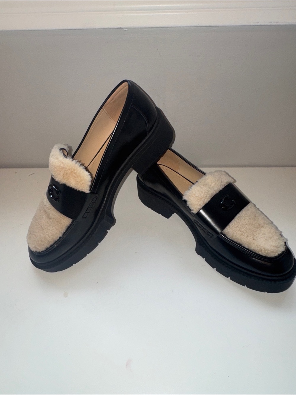 Coach Black Leather Loafers with Cream Shearling Trim - Picture 2 of 2